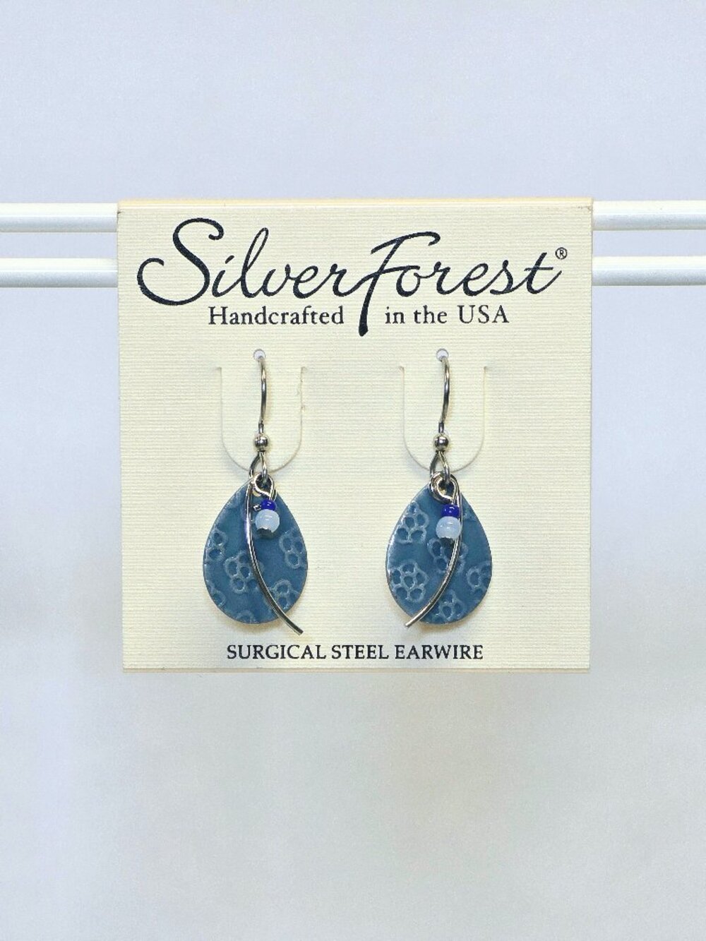 Silver Forest Blue Teardrop and Silver Metal Arc Drop Earrings